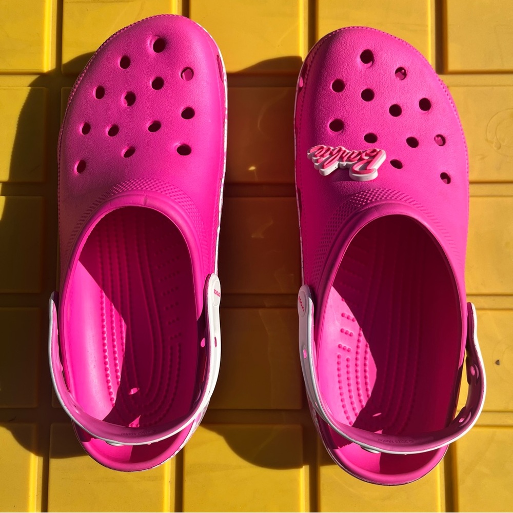 EUC Crocs Slip On Barbie Theme Shoe Pink’s Women Size 11